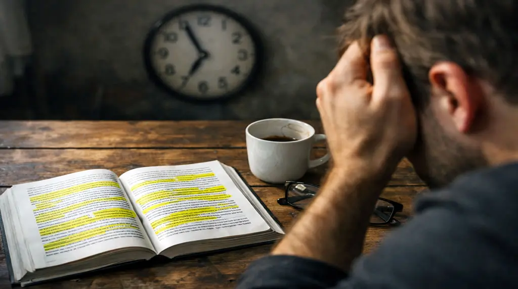 Studente adulto stanco al tavolo con libro evidenziato male e caffè.