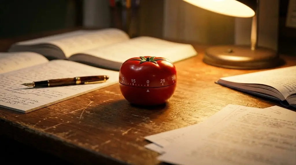 Timer da cucina a forma di pomodoro su scrivania per tecnica di studio.
