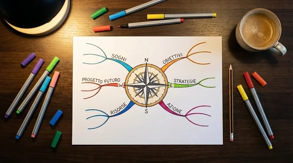 Mappa mentale disegnata a mano con pennarelli su tavolo di legno.