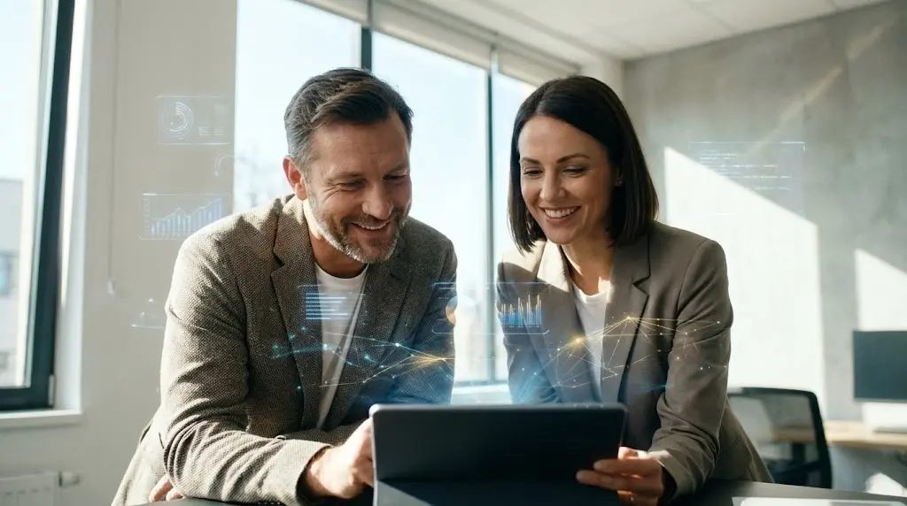 Uomo e donna in ufficio usano l'intelligenza artificiale con fiducia.