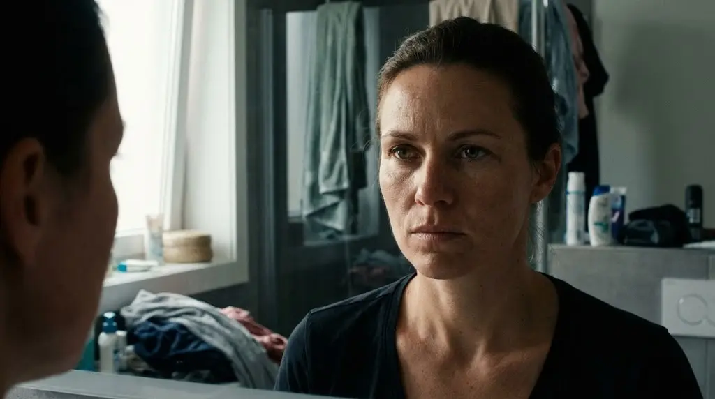 donna si guarda allo specchio con determinazione per superare autostima a zero.