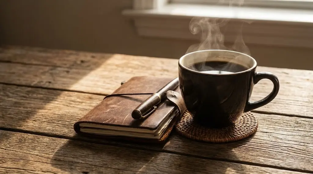 Tazza di caffè e taccuino su tavolo di legno, esempio di Habit Stacking mattutino.