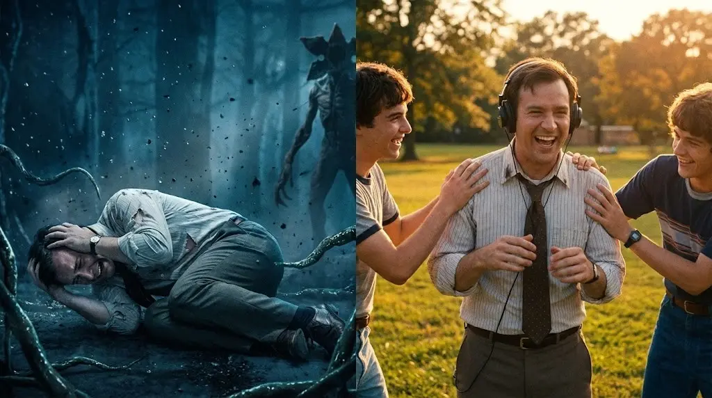 Metafora visiva depressione sottosopra contro rinascita con amici e musica.