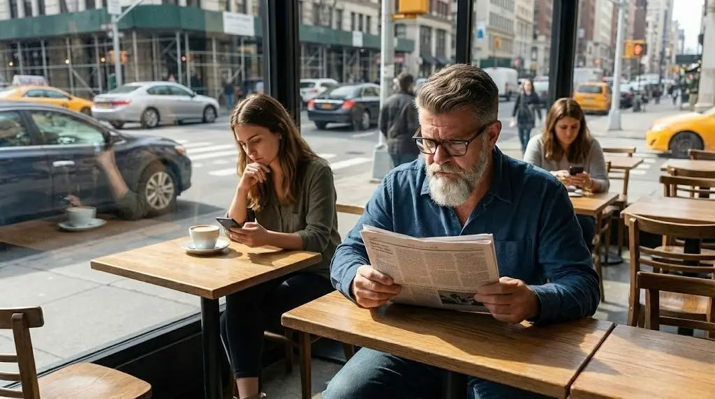 Uomo e donna riflettono sul controllo dell'inconscio leggendo le notizie del giorno.