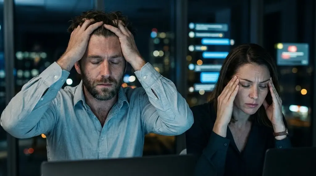 Persone con sintomi di cortisolo alto e nebbia mentale in ufficio.