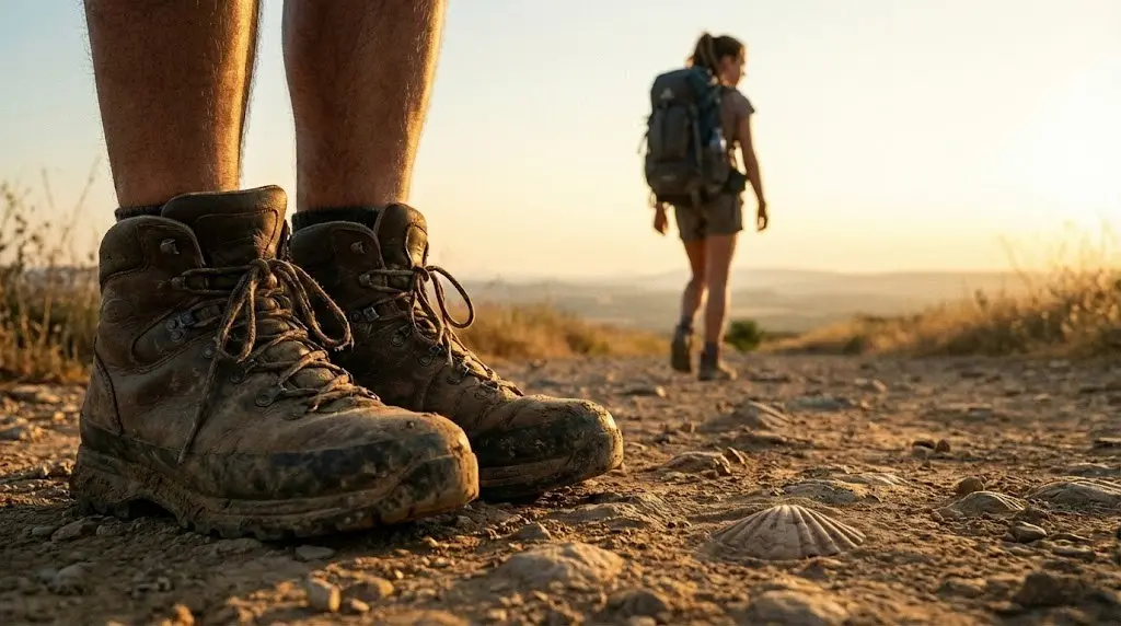Scarpe da trekking impolverate sul sentiero, simbolo del Buen Camino significato e della ricerca interiore.