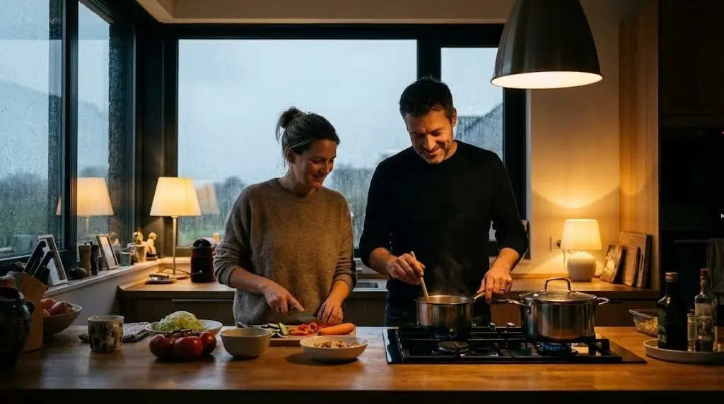 Coppia che cucina in una casa accogliente durante una giornata piovosa nel 2026.