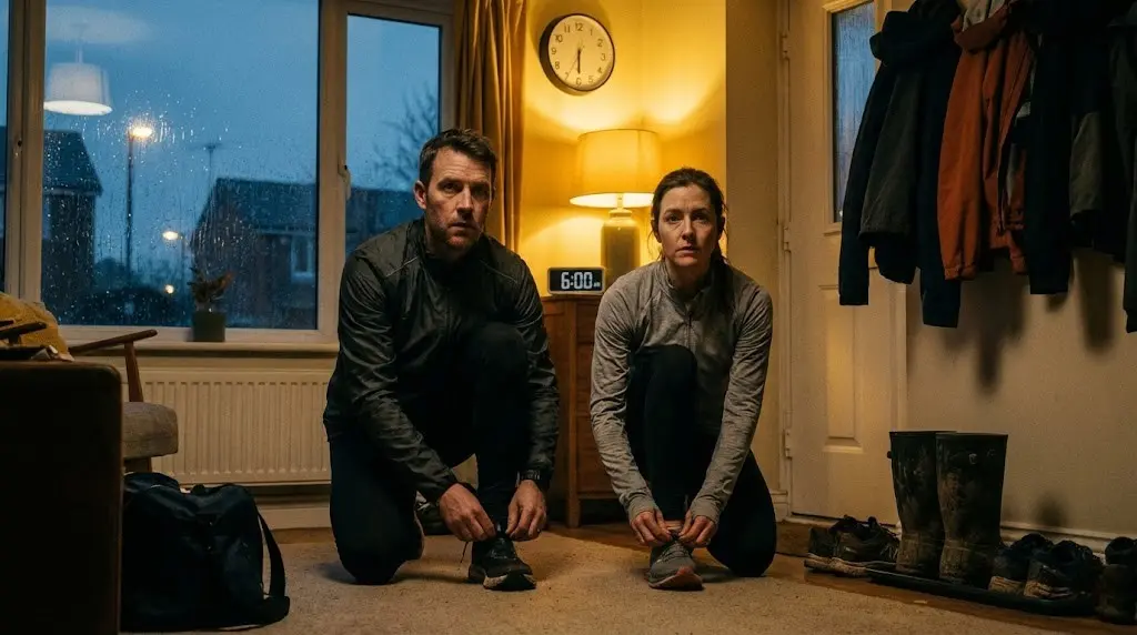 Persone che si preparano ad allenarsi presto la mattina nonostante il buio e la pioggia, esempio di disciplina vs motivazione.