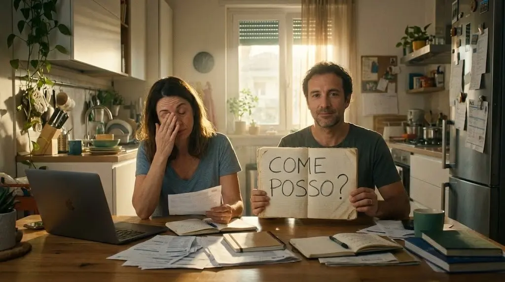 Uomo e donna in cucina che trasformano il mantra "non posso" nella domanda "come posso" su un taccuino.