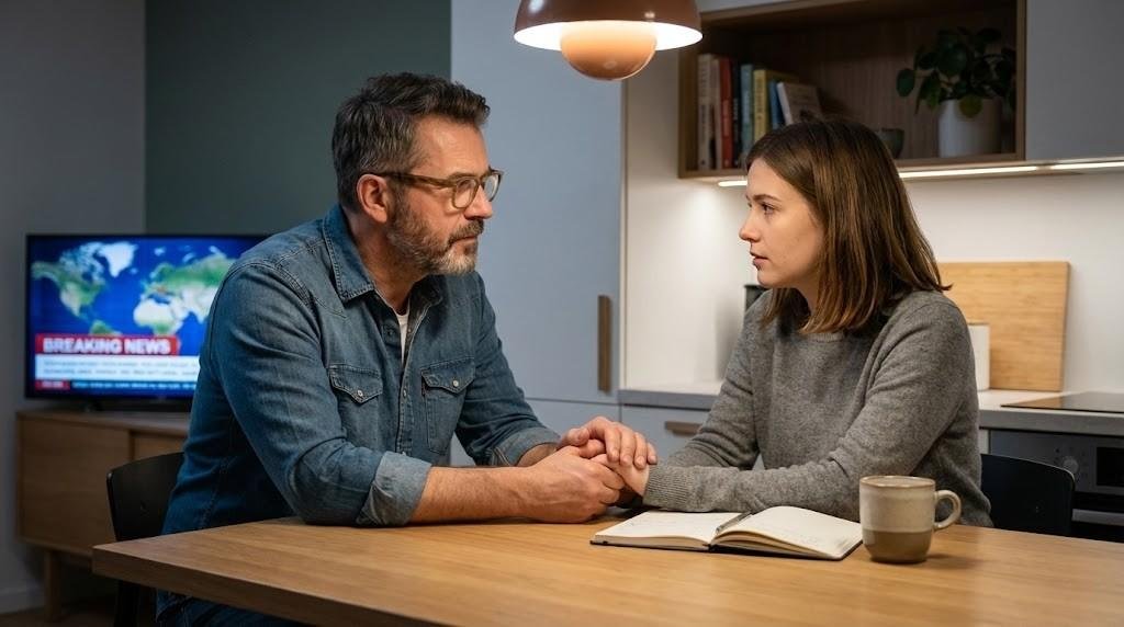 Coppia che pianifica il futuro ignorando le notizie di guerra in TV.