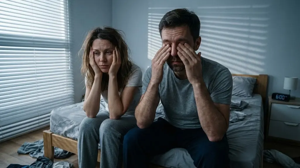 Uomo e donna seduti sul letto al mattino con espressione stanca che rappresenta il problema del svegliarsi stanchi e ansiosi.