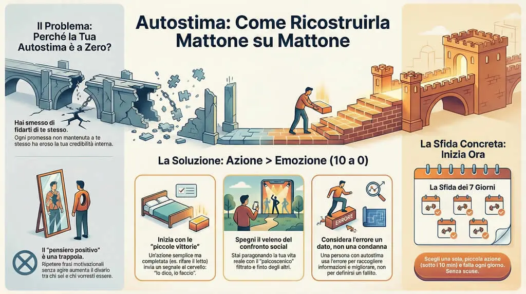 Infografica sull'autostima e come ricostruirla mattone su mattone