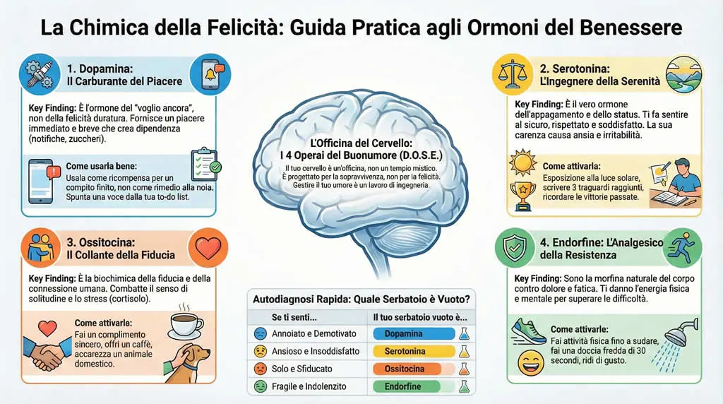 Infografica sulla chimica della felicità e guida pratica sugli ormoni del benessere