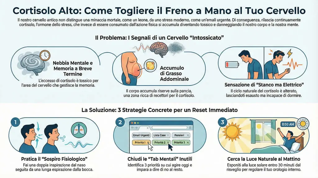 Infografica sul cortisolo alto e come abbassarlo.