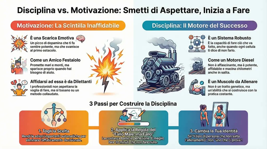 Infografica sulla disciplina vs Motivazione. Inizia a fare.