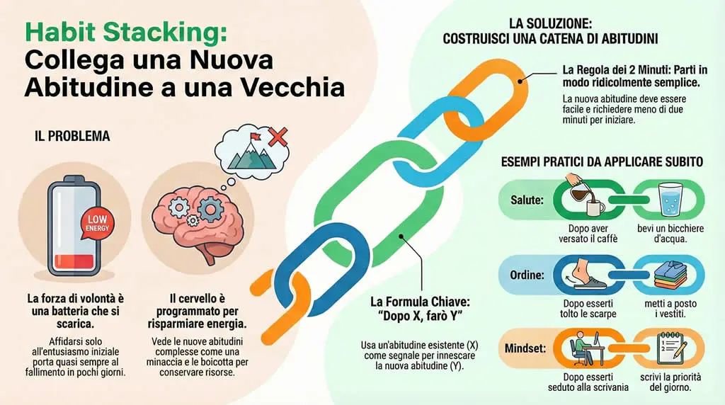 Infografica habit stacking: collega una nuova abitudine ad una vecchia