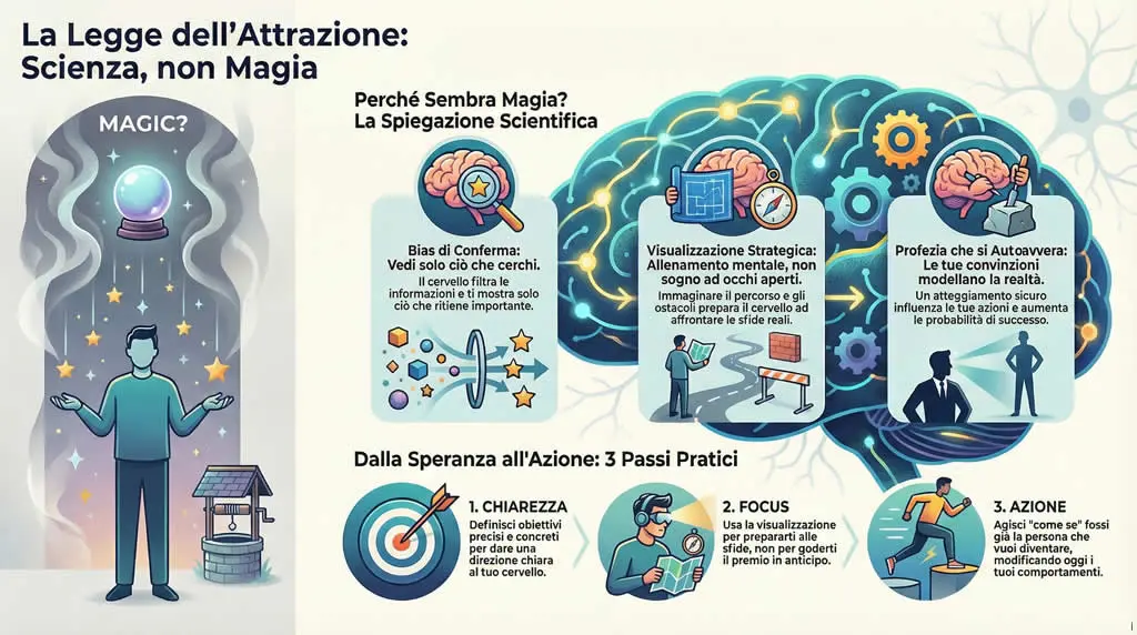 Infografica che spiega come la legge dell'attrazione è scienza non magia.