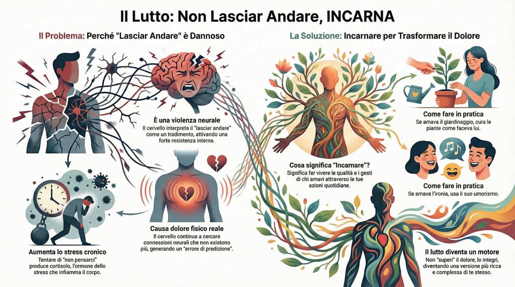 Infografica che spiega come superare il lutto, non lasciando andare ma incarnando