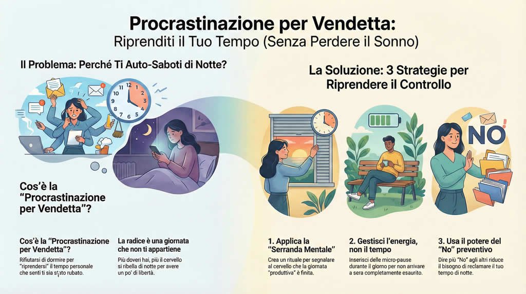 Infografica sulla procrastinazione per vendetta : riprenditi il tuo tempo senza perdere il sonno