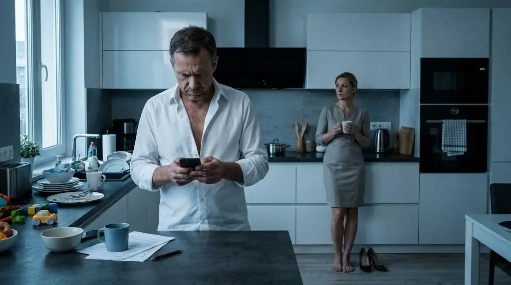 Coppia marito e moglie stressati in cucina all'alba affrontano insieme ansia da rientro al lavoro.