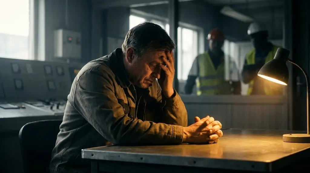 Dipendente stressato in un ambiente di lavoro tossico riflette sulla propria dignità professionale.