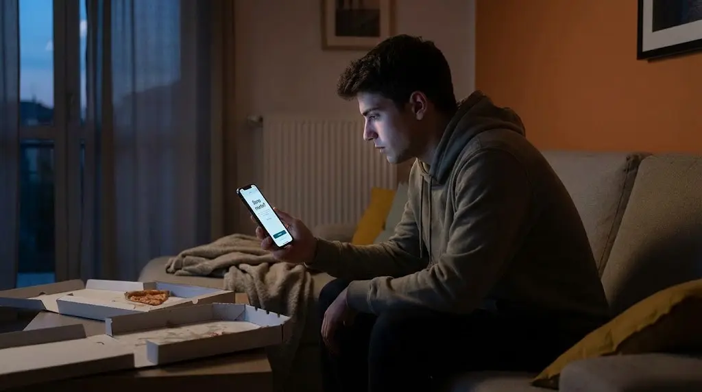 Giovane solo in casa guarda l'app Are You Dead sullo smartphone.