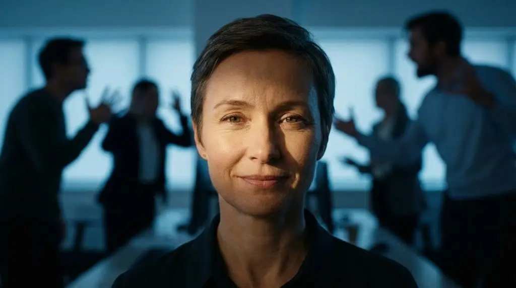 Persona calma e lucida che mantiene il controllo emotivo nonostante le provocazioni esterne in ufficio.