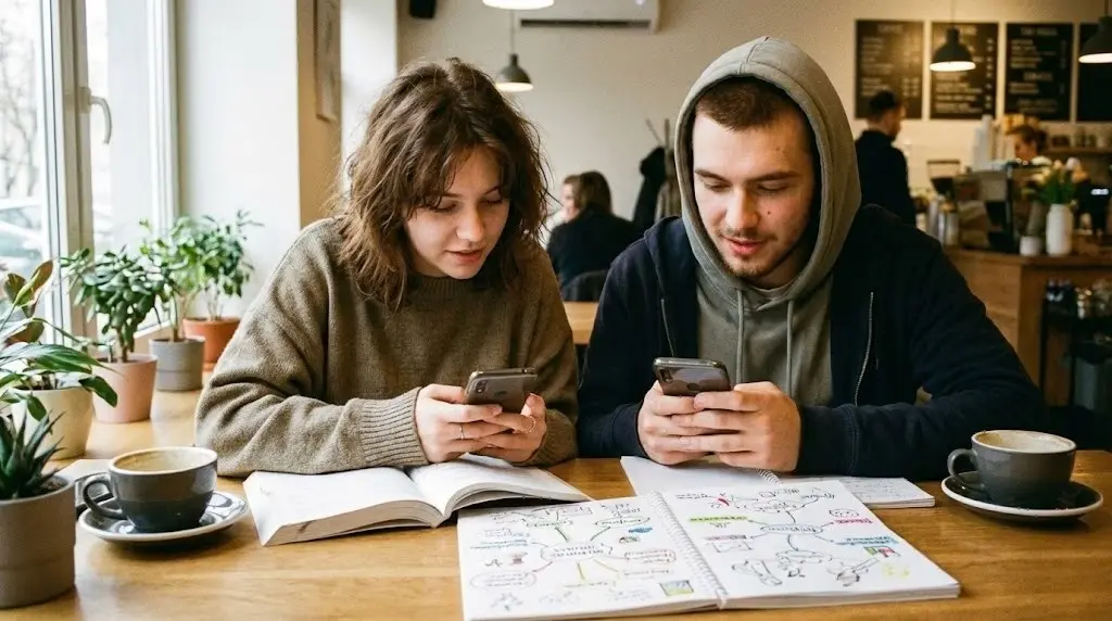 Persone che utilizzano lo smartphone per studiare sui social media in modo strategico.