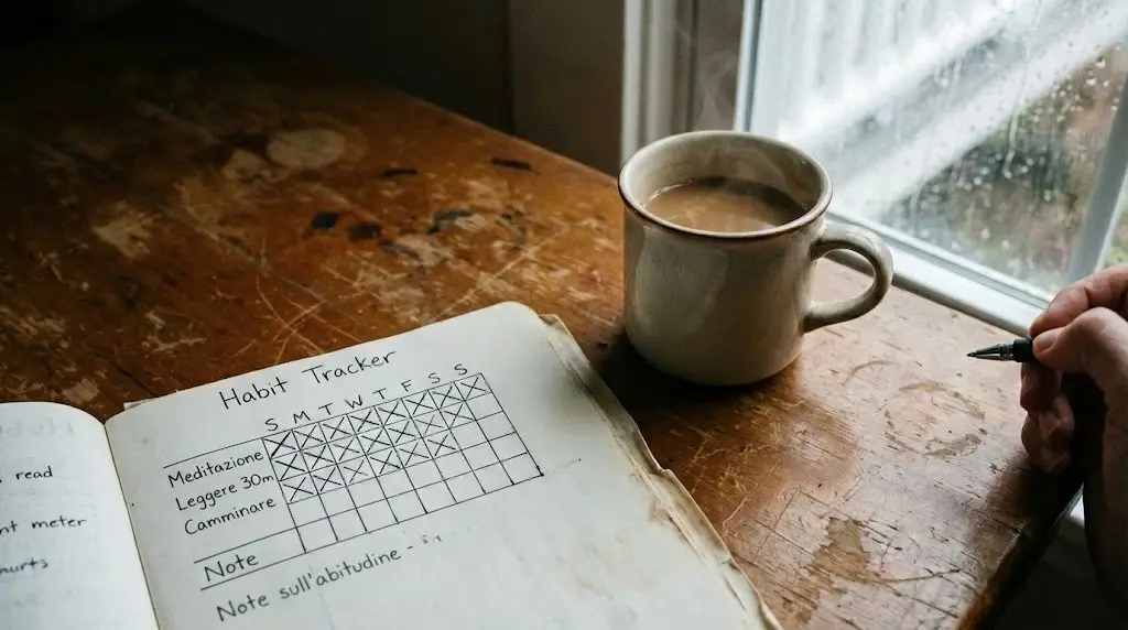 persona che riflette davanti a un habit tracker efficace per la crescita personale.