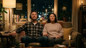 Donna e uomo che usano la musica per cambiare stato mentale e rilassarsi.