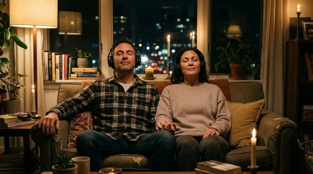 Donna e uomo che usano la musica per cambiare stato mentale e rilassarsi.