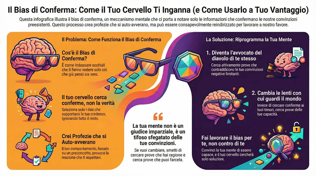 Infografica sul bias di conferma e come il tuo cervello ti inganna.