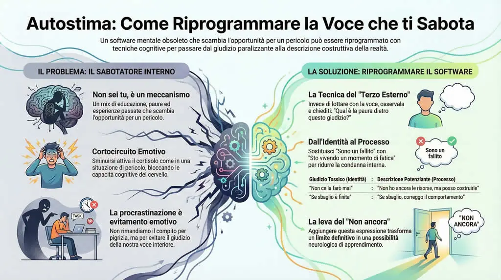 Infografica sull'autostima e come riprogrammare la voce che ti sabota