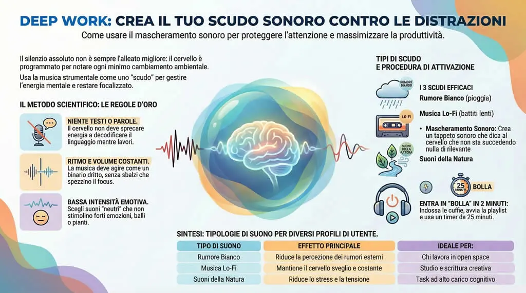 Infografica deep work su come creare lo scudo sonoro contro le distrazioni