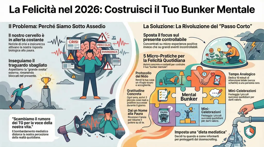 Infografica sulla felicità e su come costruire il tuo bunker mentale