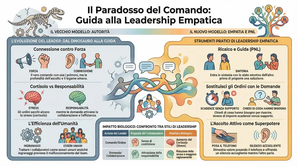 Infografica guida sul paradosso del comando e leadership empatica