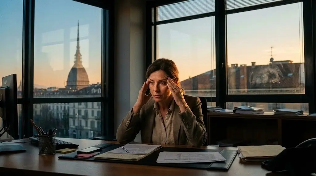 Persona stanca in ufficio che cerca di gestire lo stress da lavoro.
