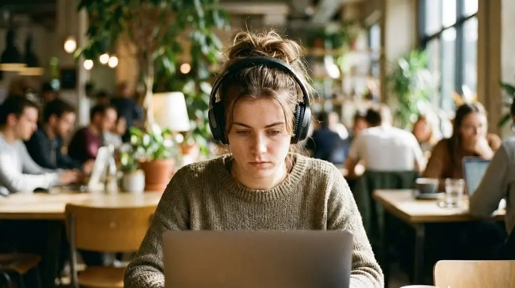 Donna concentrata nel lavoro profondo con cuffie per eliminare distrazioni.